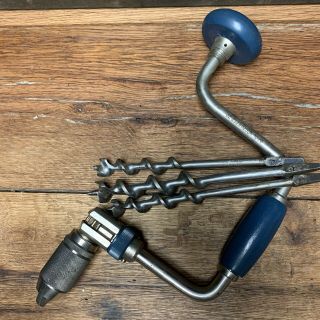 Vintage Stanley Swing Brace Hand Drill 02 - 253 (h1253a - 10a) Plus 3 Craftsman Bits