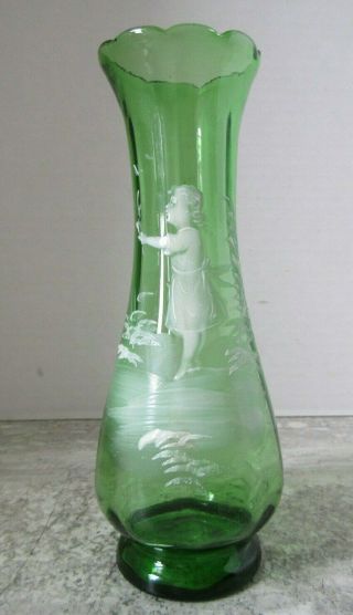 Antique Green Art Glass Vase Mary Gregory Enameled Decoration Pontil Mark