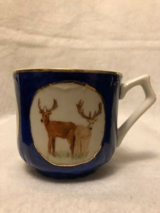 Made In Japan Blue And White Mustache Cup With Hand Painted Deer W/ Gold Gilding