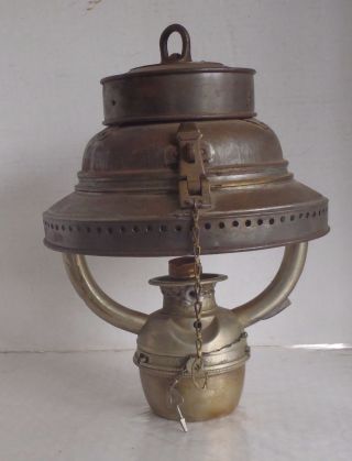 Antique Hanging Oil Lamp Brass & Iron Shade Made In England