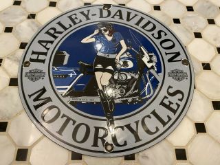 Vintage Harley Davidson Motorcycles Porcelain Sign Pin Up Hog Gas Oil Indian