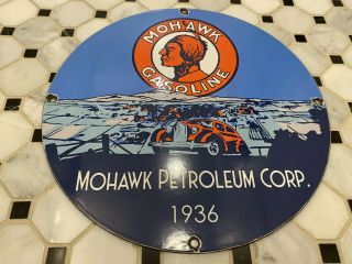Vintage Mohawk Gasoline Porcelain Sign Gas Station Pump Plate Motor Oil Lubester