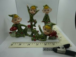 4 Vintage Green Ceramic Christmas Pixie Elf Figurines Japan Assorted Poses X010