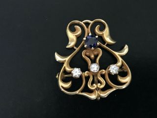 Art Deco 14 Kt Diamond And Sapphire Pin