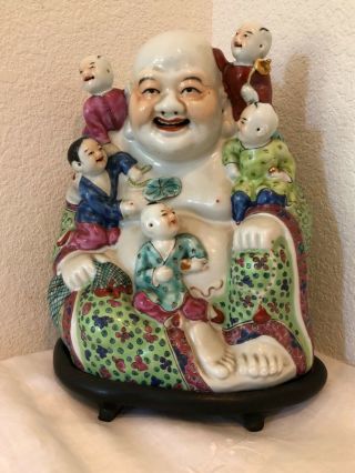 Vintage Chinese Porcelain Hand - Painted Famille Vert Laughing Buddha W/5 Children
