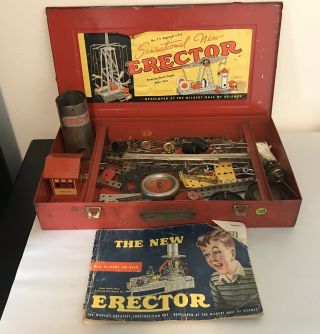 Vintage (possibly 1949) A.  C.  Gilbert Erector Set 7 1/2 In Red Box W/ Directions