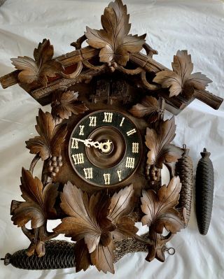 Lrg.  Antique Carved Leaf Black Forest Cuckoo & Quail Clock German Germany G.  K.