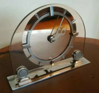 Art Deco Rare English Peach Glass And Chrome Modernist Clock