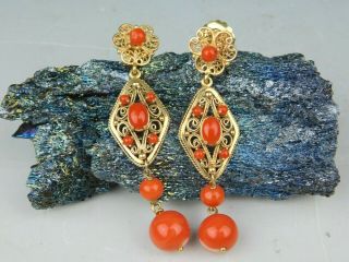Vintage Pink Coral 14k Yellow Gold Post Bead Ball Dangle Earrings