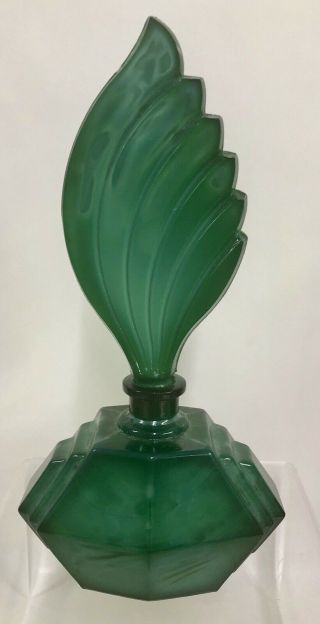 Vintage Art Deco Green Jade Glass Perfume Bottle W/ Ornate Stopper