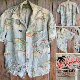 Vintage The Kahala Made In Honolulu Silk Asian Print Hawaiian Shirt 50s 60s M