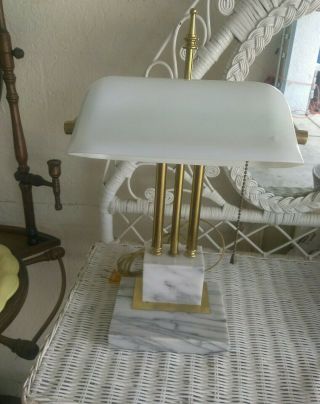 Vintage 1960 " S Brass Bankers Desk Lamp W/milk White Glass Shade And Marble Base