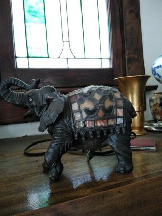 Vintage Tiffany Style Stained Glass Shade Figural Elephant Lamp Night Light