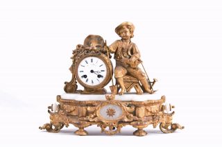 French Marble & Gilt Metal Figural Mantel Clock @ 1870
