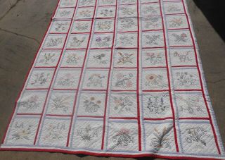 Unique Vintage Handmade Cross Stitched Embroidery Flower States Quilt Blanket