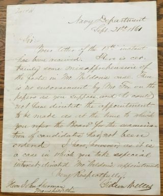 Gideon Wells,  Autograph Letter Signed To Senator John Sherman,  9 - 21 - 