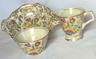 3 Piece Set H & K Tunstall Old English Sampler Creamer,  Candy Dish And Cup