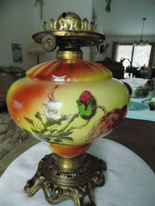 Antique Phoenix Glass Co.  Painted Oil Lamp Floral Early Stamp 12 12 1/2 " X 8 "