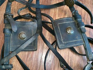 VTG Antique U.  S.  Cavalry Military Leather Horse Bridle Reins Bit Metal Buttons 2
