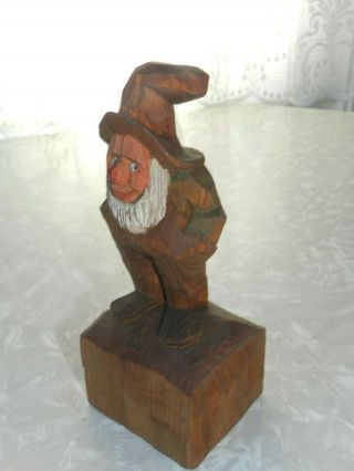 Vintage Carved Wood Gnome Elf Statue Figurine Signed 7 "