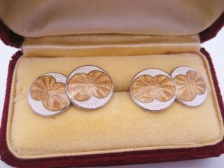Antique Art Deco Era Sterling Silver Guilloche Engrave Enamel Cufflinks Buttons