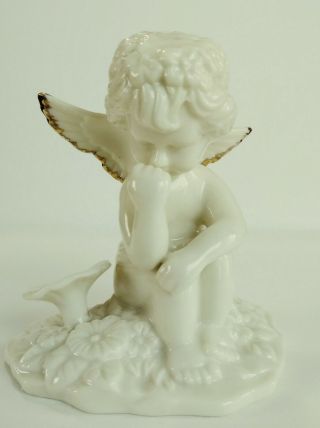 Vintage Milk White Porcelain Christmas Angel Cherub Gold - Tipped Wings Flowers
