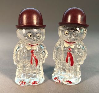 Vintage Salt & Pepper Shakers Glass Man With Hat Character Approx.  2 3/4”