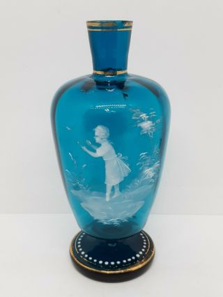 Antique Victorian Mary Gregory Blue Glass Vase Hand Painted