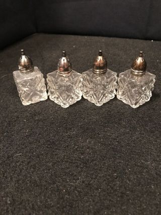 Set Of 4 Vintage Mini Crystal Cut Silver Plated Salt & Pepper Shakers 1.  75 " B19