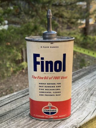 Vintage Finol Standard Oil Lead Top Handy Oiler 4 Oz Metal Oil Can Gas Sign