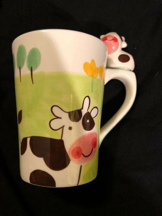 Indra Hand Painted Fine Stoneware 3d Cow Coffee Mug Tea Cup Farm Smiling Animal
