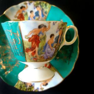 Vtg Royal Halsey Rococo Scene Portrait Of Romance Teacup Saucer Green Tea Cup