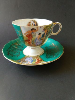 Vtg Royal Halsey Rococo Scene Portrait of Romance Teacup Saucer Green Tea Cup 2