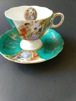 Vtg Royal Halsey Rococo Scene Portrait of Romance Teacup Saucer Green Tea Cup 3