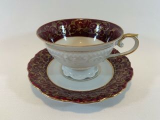 Antique Poma Franken Made In Bavaria Burgundy Red & Gold Tea Cup And Saucer Set