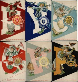 Complete Set Of 6: Ivy League College Girls Winsch Mechanical Postcard Vintage