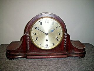 Antique Early 20th Century Mahogany Napoleon Hat Westminster Mantel Clock & Key