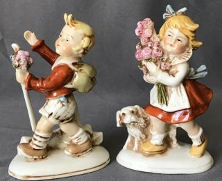 4 - 1/4” Antique German Porcelain Girl With Dog & Boy With Stick Figurines