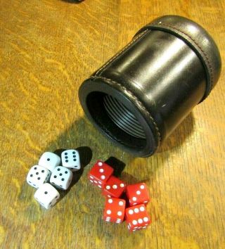 Vintage Leather Dice Cup With 10 Dice 5 Reds & 5 Whites Old Ritz Bar Fresno Ca