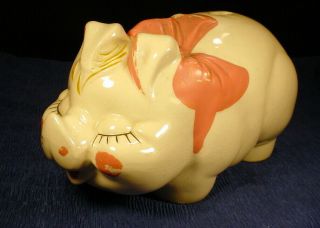 Vintage Ceramic Large White & Pink Piggy Bank With Pink Bow 13 " L