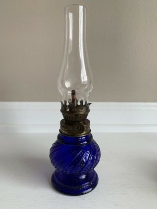 Vintage Cobalt Blue Hobnail Glass Small Hurricane Lamp 8.  5”