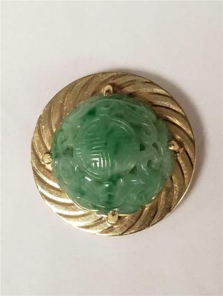 Vintage Chinese Export Carved Jade Cabochon & 14k Gold Brooch Pin