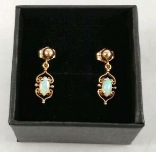 Antique Vintage 14k Solid Gold Marquise Cut Opal Dangle Earrings Obe