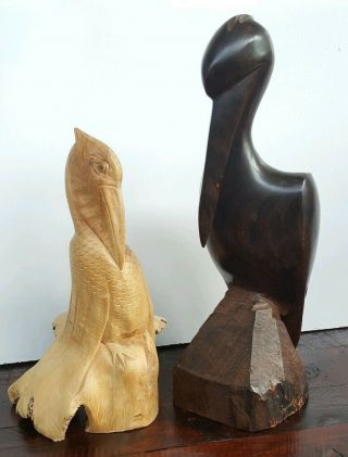 Vintage Hand Carved Pelican Figurines Artwork,  Light Wood & Iron Wood