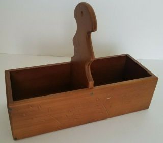 Vintage Primitive Wooden Farmhouse Country Divided Caddy Wood Box Leaf Carving