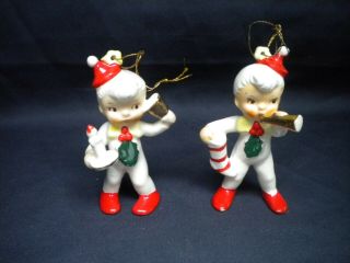 2 Vintage Holt Howard Christmas Ornament Figurine Boy Girl Horn Bell Stocking