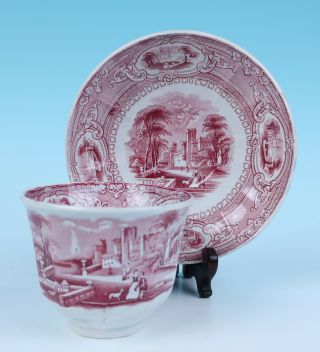Staffordshire Challinor Corinthia Pink Red Transferware Tea Bowl Cup & Saucer