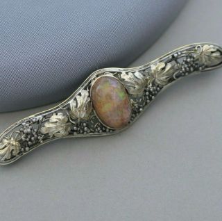 Vtg Arts & Crafts Natural Opal Sterling Silver Grape Cluster Leaf Brooch Pin