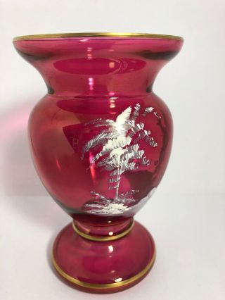 Vintage Mary Gregory Cranberry Vase Girl With Dragon Fly 5 1/2” Tall 11GG 2