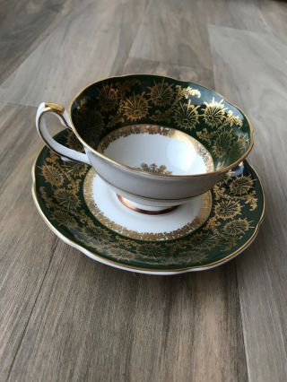 Vintage Royal Grafton bone china tea cup and saucer Made In England Green Gold 2